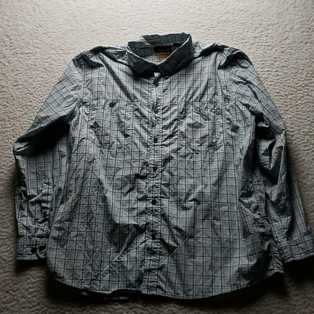 Orvis Shirt Mens XL Blue Plaid Long Sleeve Active Fit Button-Up Casual Pockets